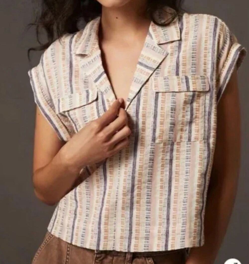 Anthropologie Cropped Short Sleeve Sleeve Striped Boxy Tee Shirt Top Cream XS